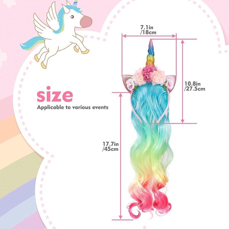 Unicorn Headband with Curly Hair Piece for Girls - Rainbow Party Hair Accessories - Variation of THIS listing