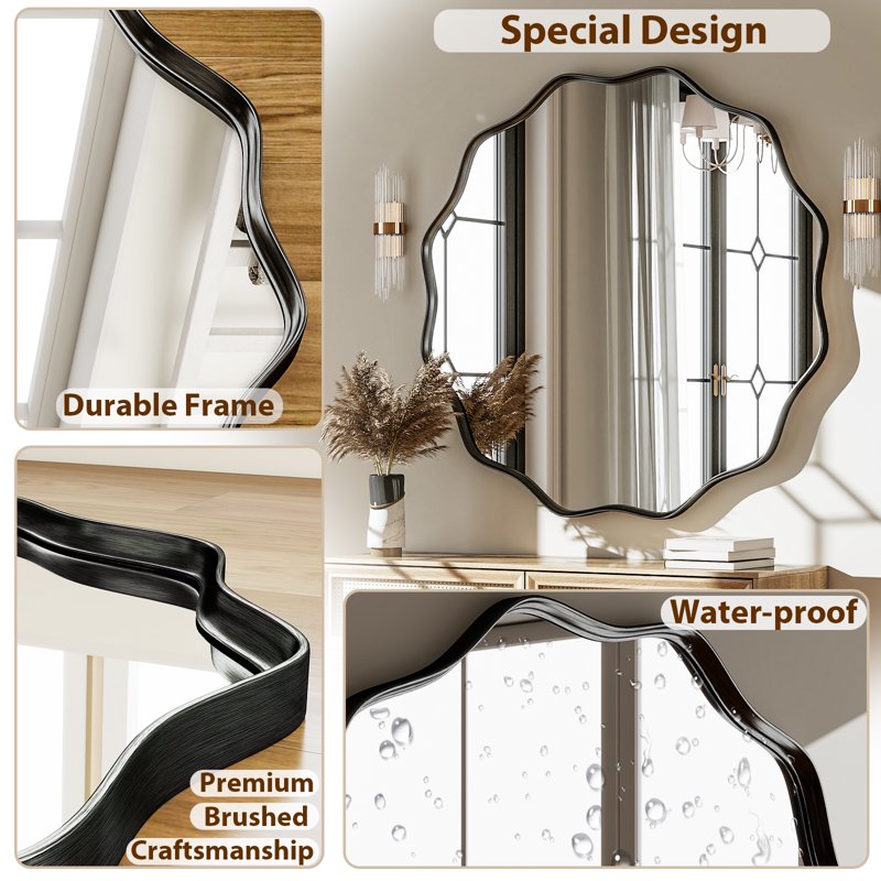 36x36-Inch Wavy Round Bathroom Mirror Wall Mounted Modern Vanity Mirror Black