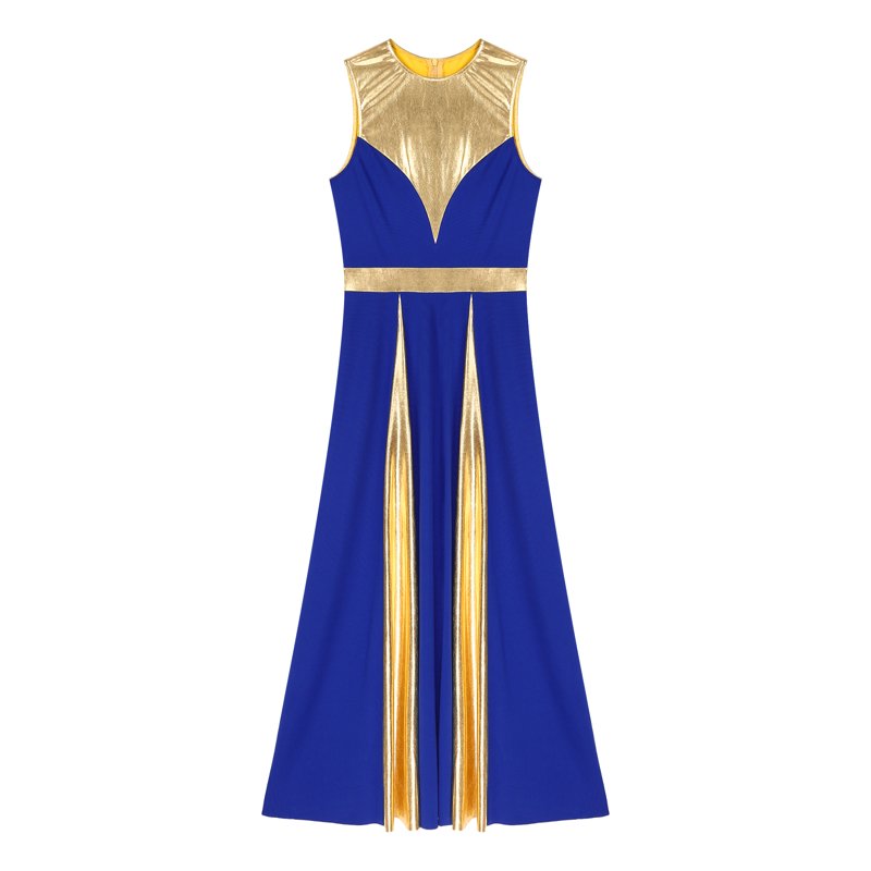 Women's Sleeveless Worship Dance Dress - Metallic Patchwork, Blue XL