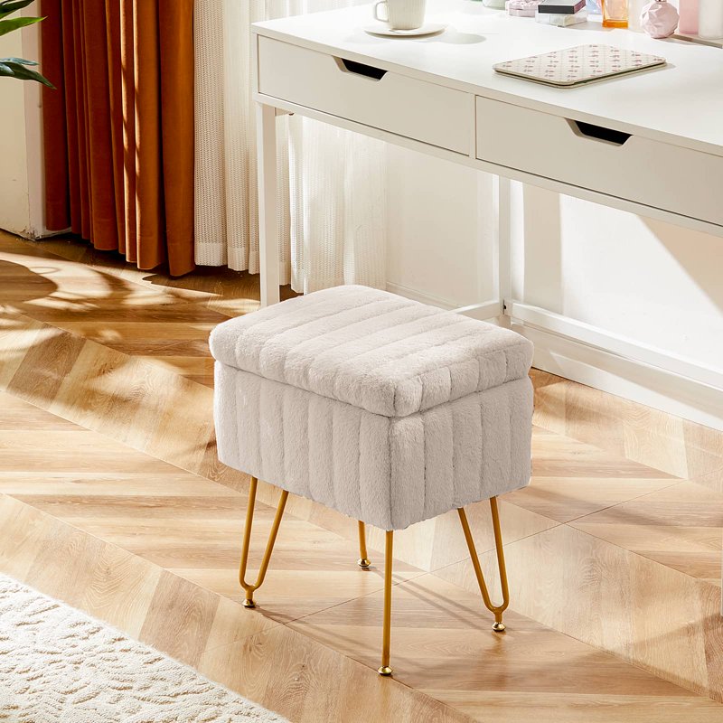 Ottoman Vanity Stool Chair with Storage - Modern Faux Fur Seat, Camel