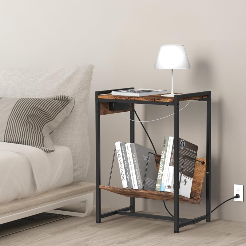 2-Tier End Table with Charging Station & Vinyl Album Storage