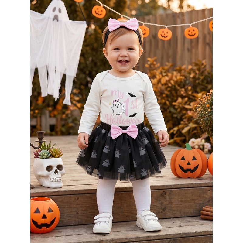 Baby Girl Halloween Clothes Set - Black 3-6 Months Romper Tulle Skirt & Headband
