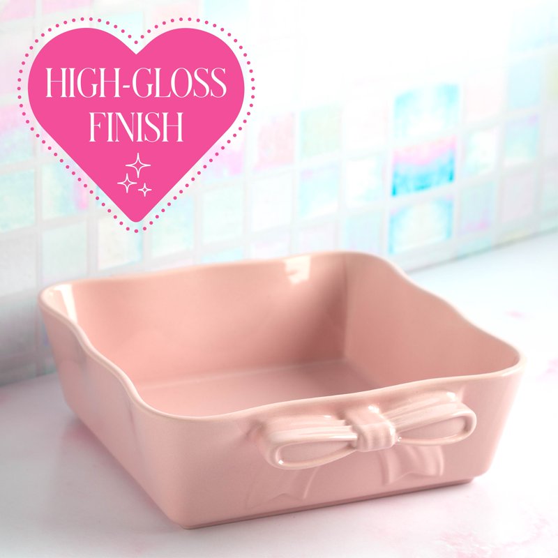 Ceramic Square Baking Dish - 8x8, Oven & Microwave Safe, Pink with Bow Handles