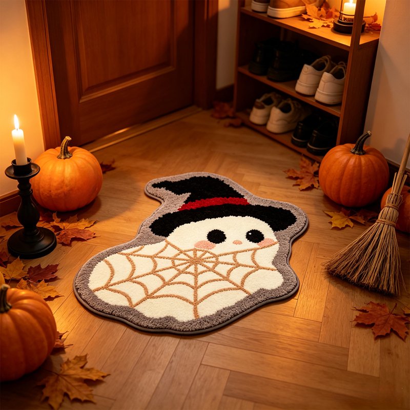 Halloween Ghost Doormat with Web Design - Washable Indoor Outdoor Rug, 70x45cm - Ghost Shaped Mat with Grip - Variation of Ghost Mat Spider Web O