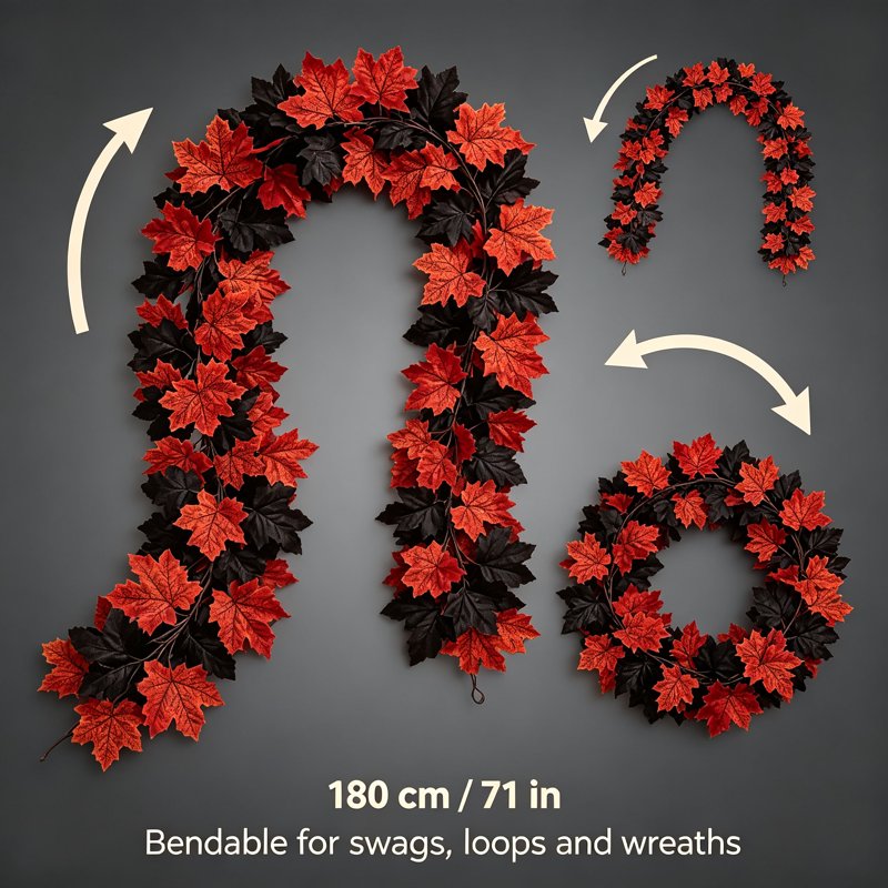 Halloween Maple Leaf Garland - Multicolor F, 71in Black Red Fall Foliage Vine