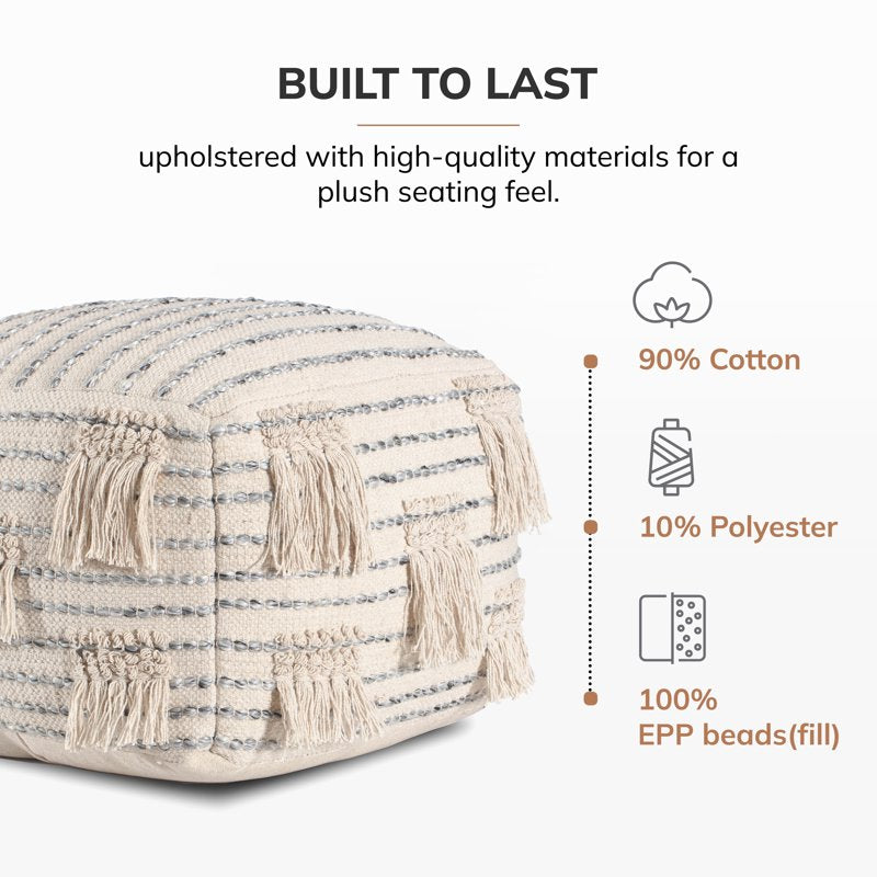 Beige Anji Mountain Cube Striped Woven Pouf - Handcrafted Style & Durable Comfort