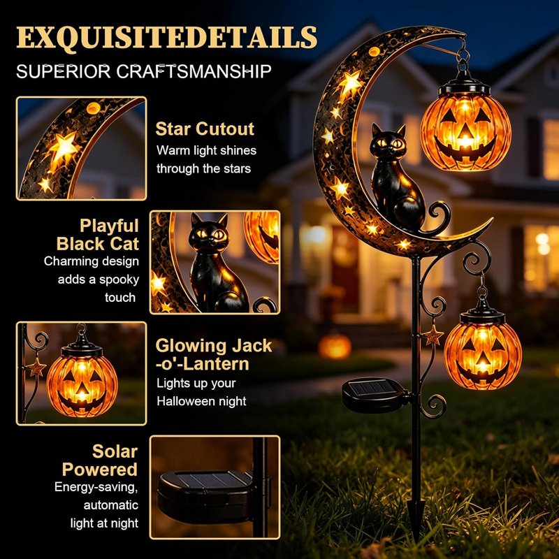 Solar Black Cat & Pumpkin Moon Garden Stake Light - Waterproof Halloween Yard Decor - Variation C