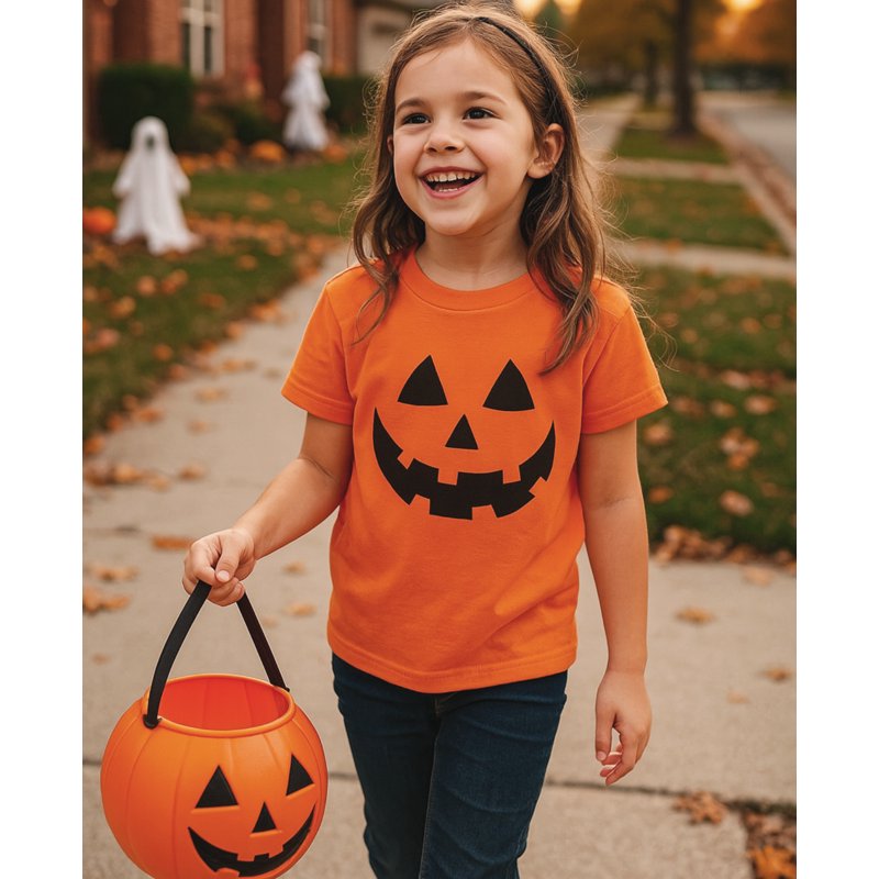 Kids Halloween T-Shirt Jack O' Lantern Spooky Pumpkin Face XL Orange - Boys & Girls Costume Tee