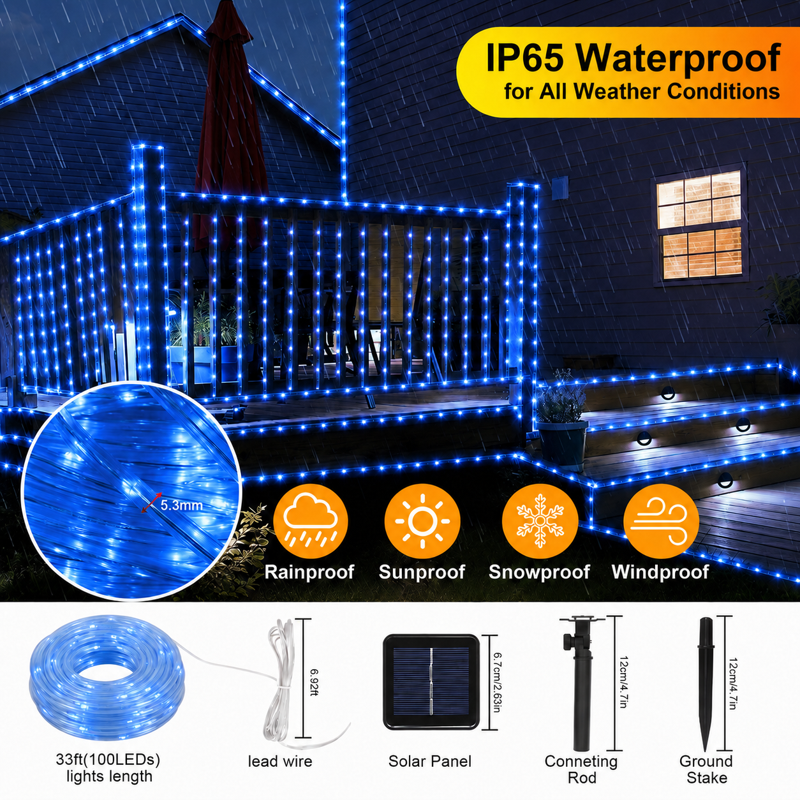 Blue Solar Rope Lights Outdoor Waterproof 100LED Tube String with USB Rechargeable Timer