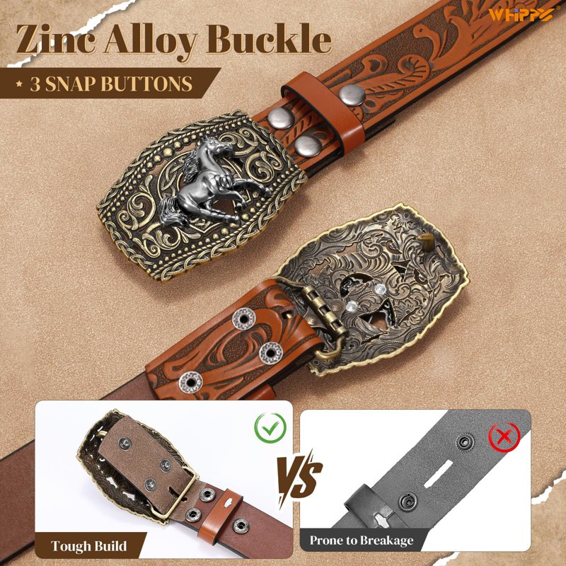 Western Leather Cowboy Belt for Women Men with Horse Buckle - Brown 41-44"