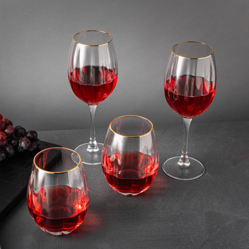 Scalloped Wine Glass Set with Gold Rim - 4 Piece