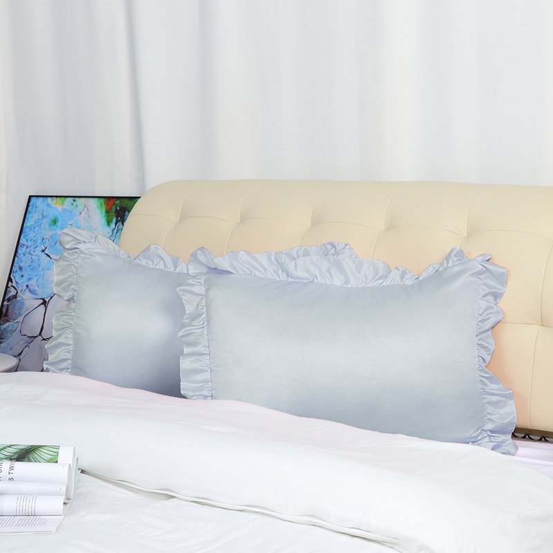 Satin Ruffled Edge Pillow Shams Set - Standard Size, Silver, 4 Pieces