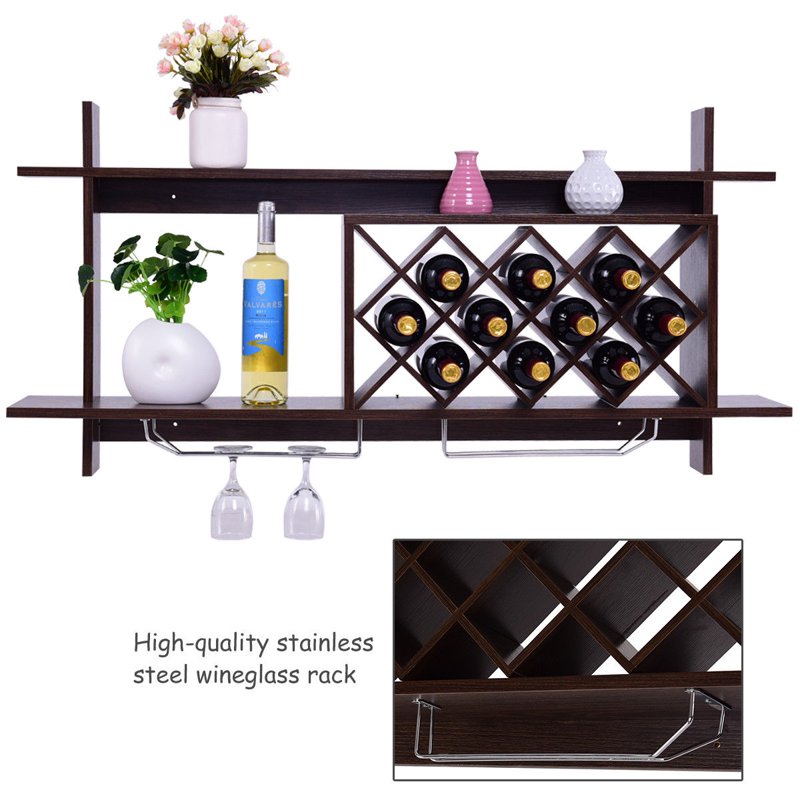 Wall Mount Wine Rack with Glass Holder & Storage Shelf - Black Walnut