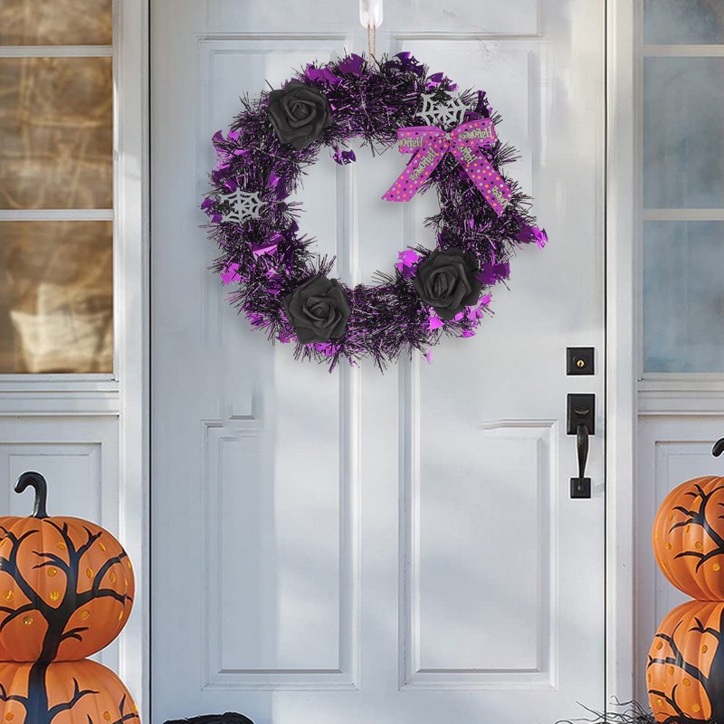 Halloween Black Rose Wreath for Front Door and Wall Decor - Spooky Reusable Halloween Ornament