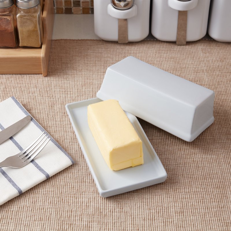 Ceramic Butter Dish with Lid - White Stoneware for Kitchen
