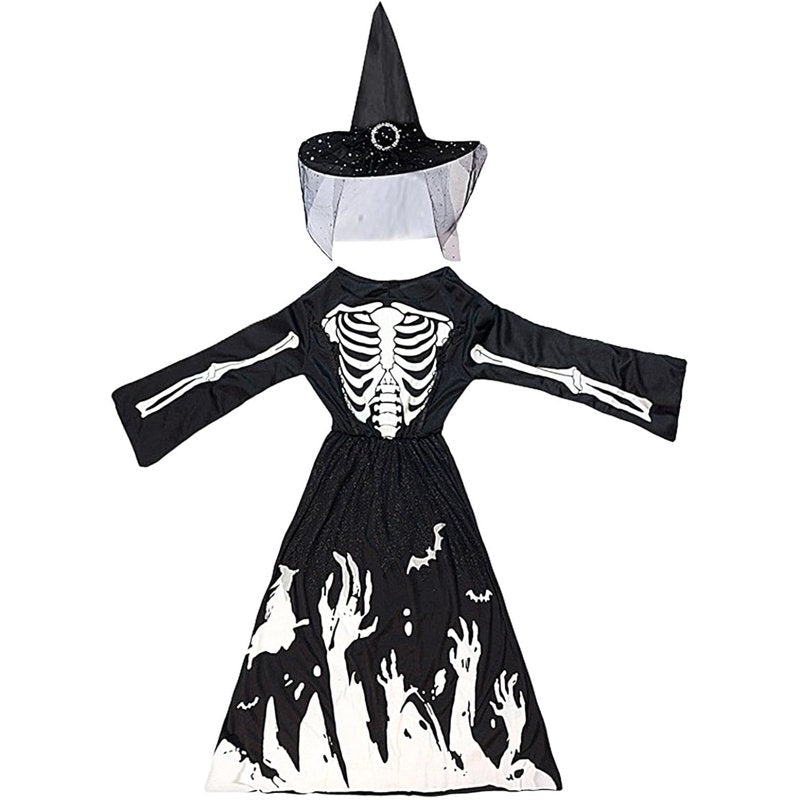 Girls Skeleton Ghost Witch Costume Dress with Hat - Glow in The Dark, 4-5 Years Variation of Black