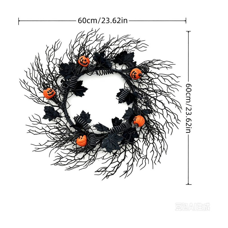 WWC Halloween Wreath 24 Inch Pumpkin and Black Bare Branch Gothic Decor - Variation J