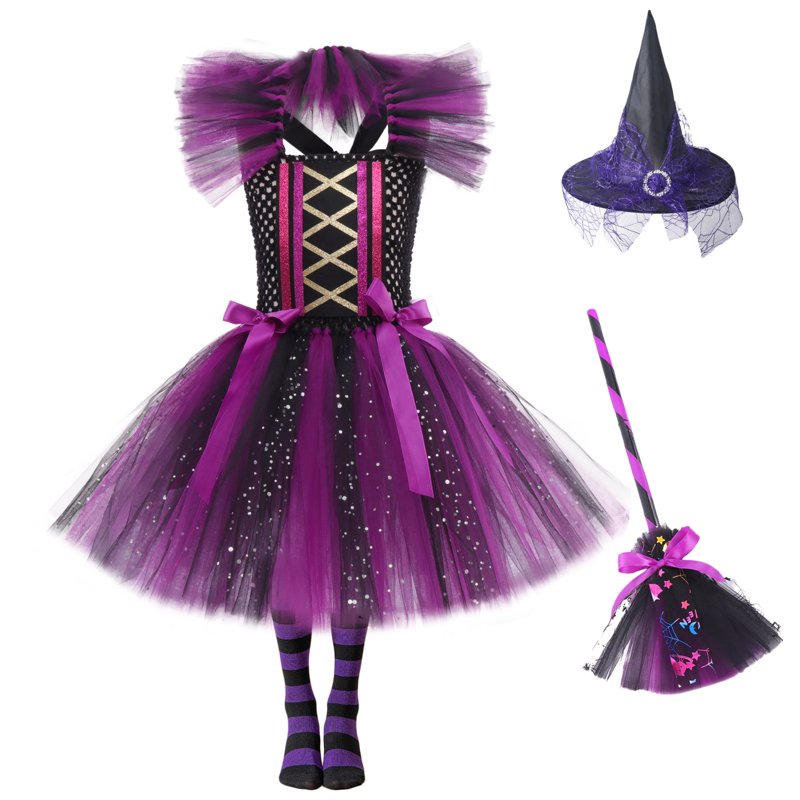 Girls Halloween Witch Costume Dress with Accessories - Purple, 3-4 Years