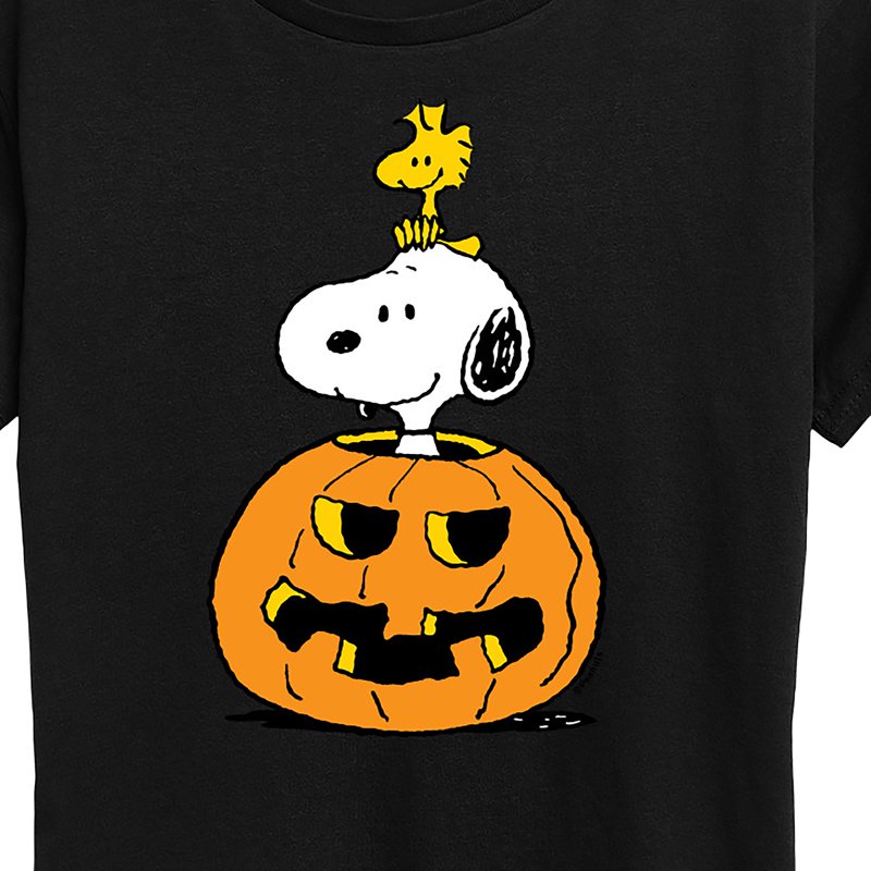 Peanuts Snoopy Woodstock Pumpkin Women's Short Sleeve Graphic T-Shirt Black S
