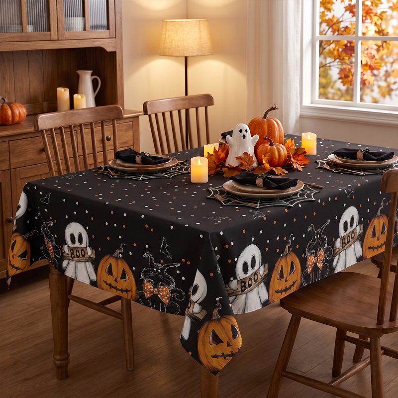Halloween Tablecloth 52x70 Inch Black Ghost Cat Pumpkin Wrinkle-Resistant & Washable