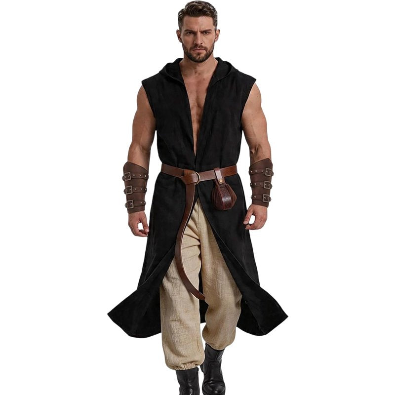 Men's Medieval Viking Costume Set Black 3XL - Hooded Cape Belt Bracers Halloween