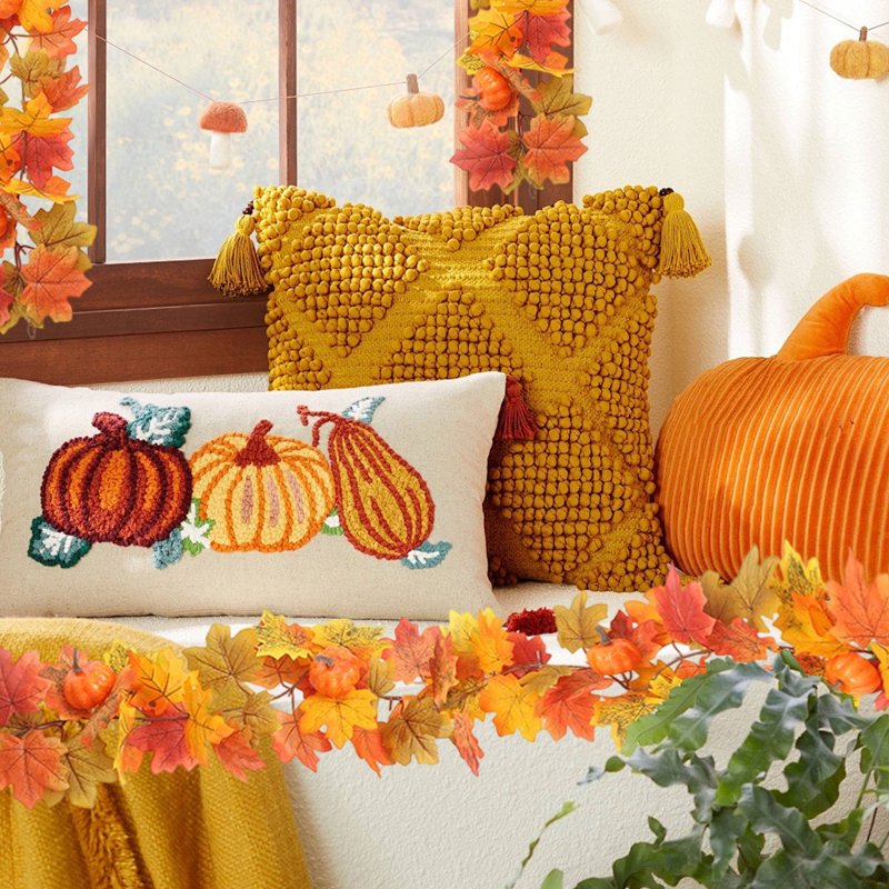 Fall Maple Leaf and Rattan Garland for Halloween & Thanksgiving - Orange, Variation #04