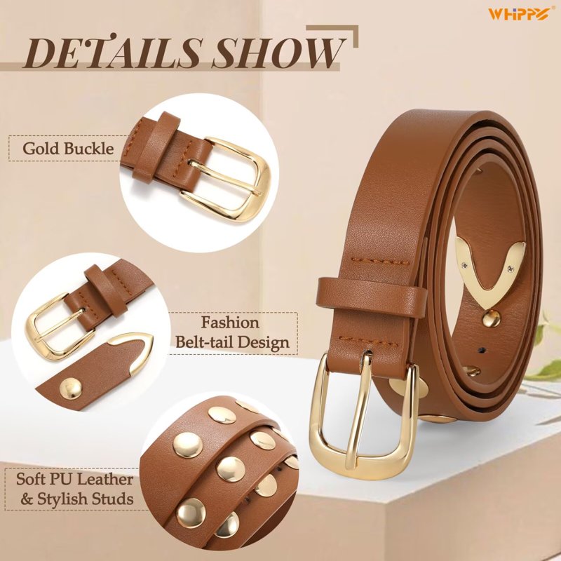 Women's Studded Leather Belt for Jeans Dresses - Brown, Fits Waist 32-36"