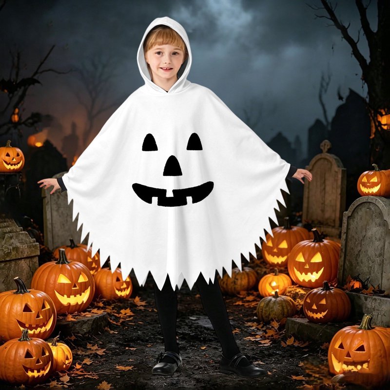 Kids Halloween Costume Hooded Ghostface Cape - White Fancy Dress 7-9 Years