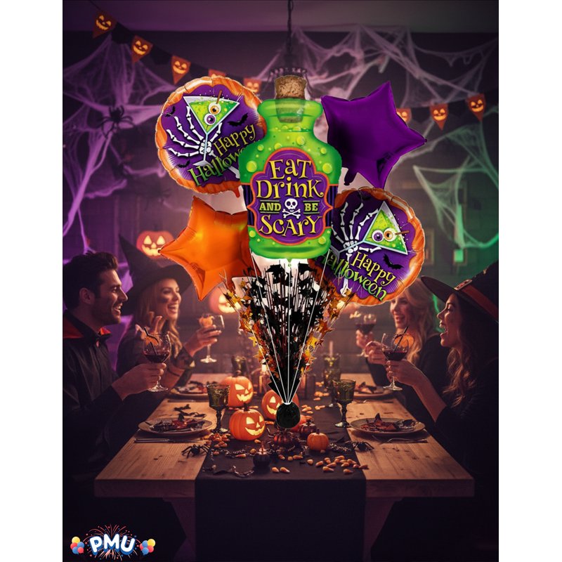 PMU Halloween Balloon Bouquet - Eat Drink And Be Scary Mylar Balloon Set, 5 Pieces Halloween Party Decoration