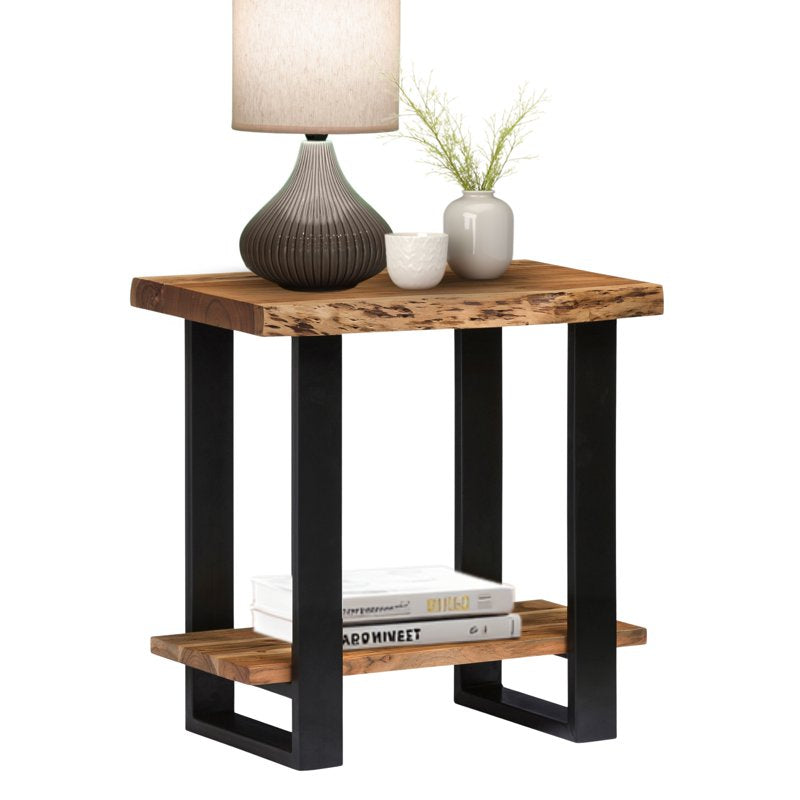Live Edge Acacia Wood End Table with Storage Shelf