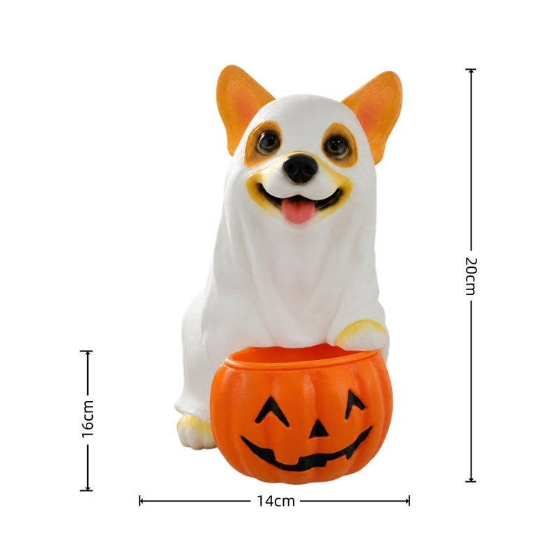 Halloween Ghost Dog Pumpkin Candy Bucket - Resin Corgi Figurine with Handle, 9.84in - Variation #029