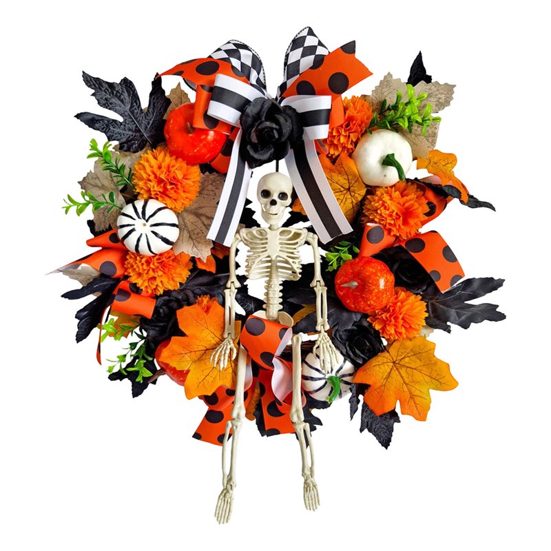 Halloween Pumpkin Maple Leaf Wreath with Skeleton Ornament - Front Door Decoration, Variation A