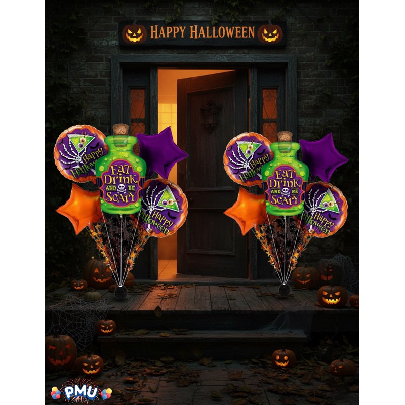 PMU Halloween Balloon Bouquet - Eat Drink And Be Scary Mylar Balloon Set, 5 Pieces Halloween Party Decoration