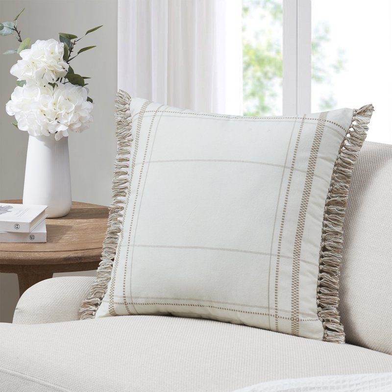 Taupe Reversible Cotton Throw Pillow with Fringe & Plaid Stripes - 20x20 Inches