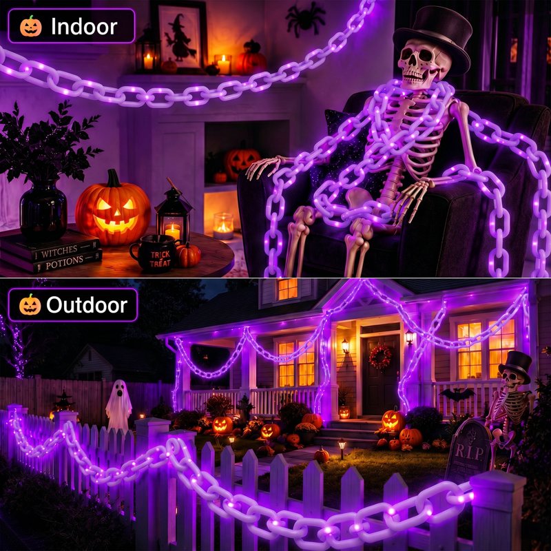 Halloween Chain Lights 10FT Purple Waterproof Battery Operated 8 Modes - Spooky Outdoor Decor