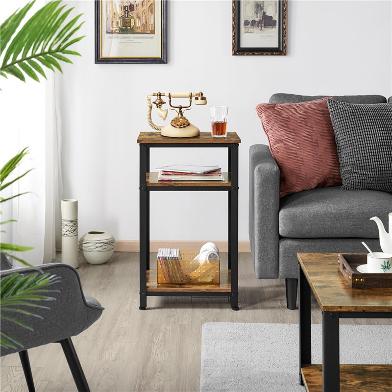 3-Tier Wooden End Table with Metal Frame - Rustic Brown