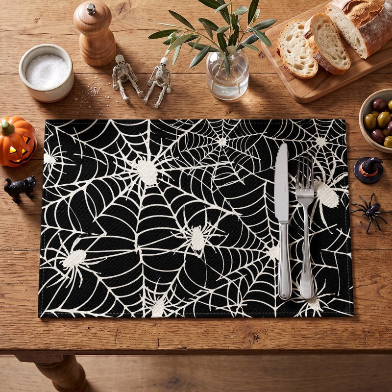 Halloween Spider Web Placemats Set of 4 - 12x18 Inch Indoor Outdoor Table Decor