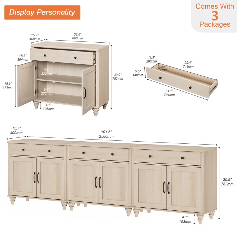 Buffet Cabinet with 6 Doors & 3 Drawers - Beige Coffee Bar Table