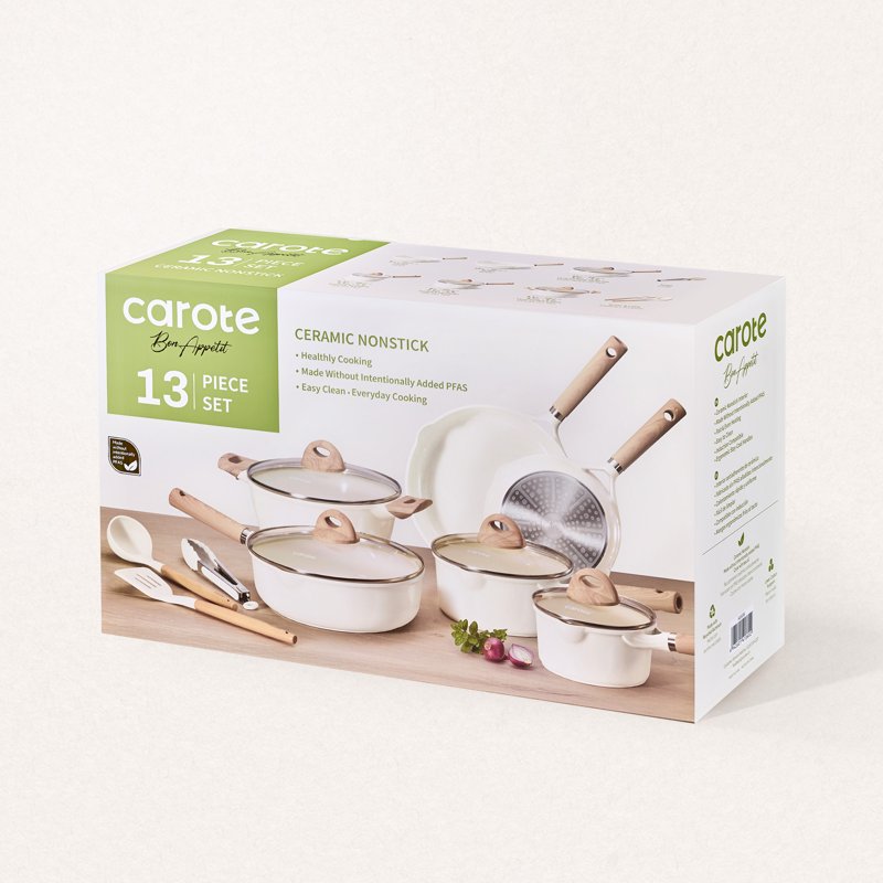 Nonstick Ceramic Cookware Set - 13 Pieces, White Granite Finish