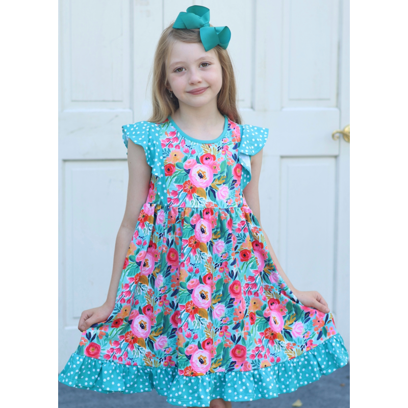 Girls Turquoise Angel Sleeve Dress & Shorts Set - Light Turquoise 10 - New Beginnings