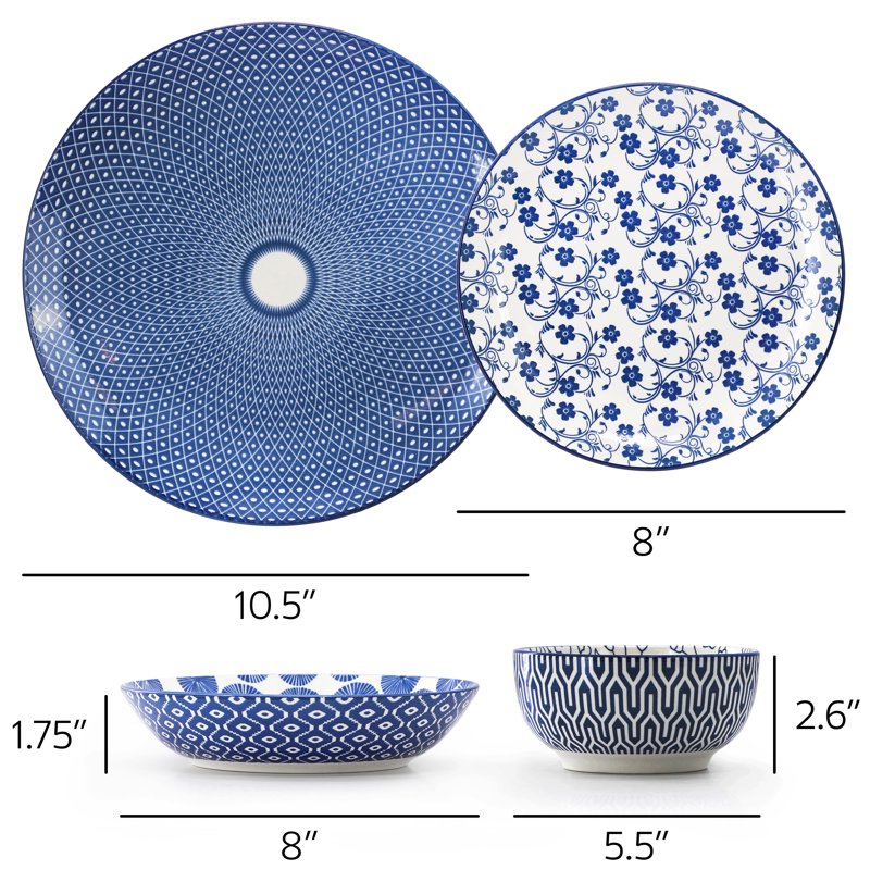 16 Piece Porcelain Double Bowl Dinnerware Set - 4 Pack Blue