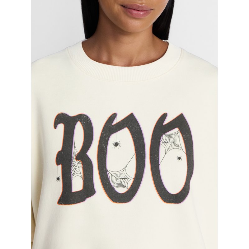 Women's Halloween Gothic Boo Graphic Fleece Sweatshirt - Cream XXXL, Relaxed Fit