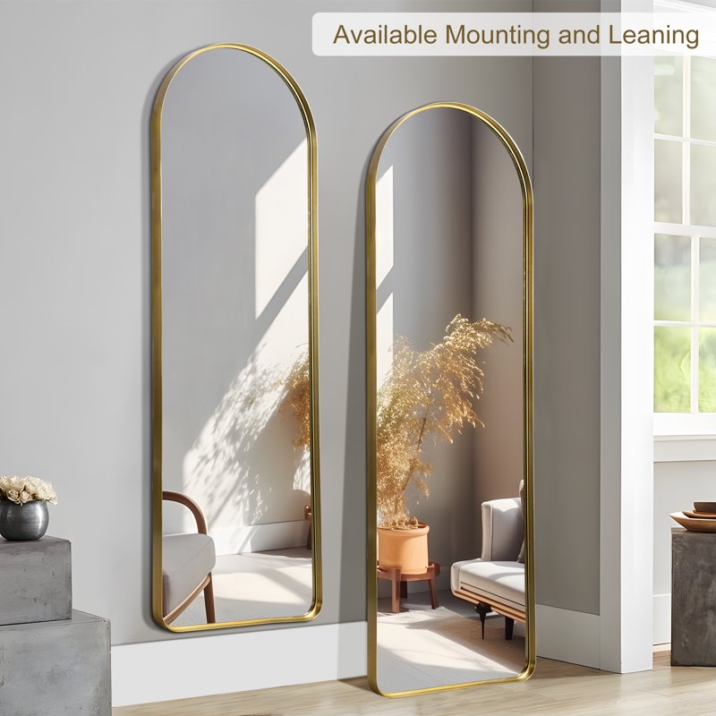 71x32 Inch Gold Arched Wall Mirror - Rounded Corner Aluminum Mount, Vertical Hanging