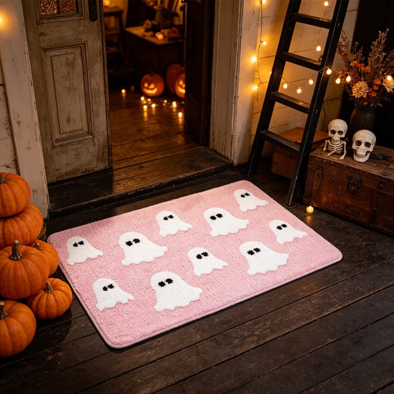 Halloween Ghost Bath Mat Pink 23.6x15.7in Faux Fur Rug with Secure Grip - OVFUIZ Irregular Variant