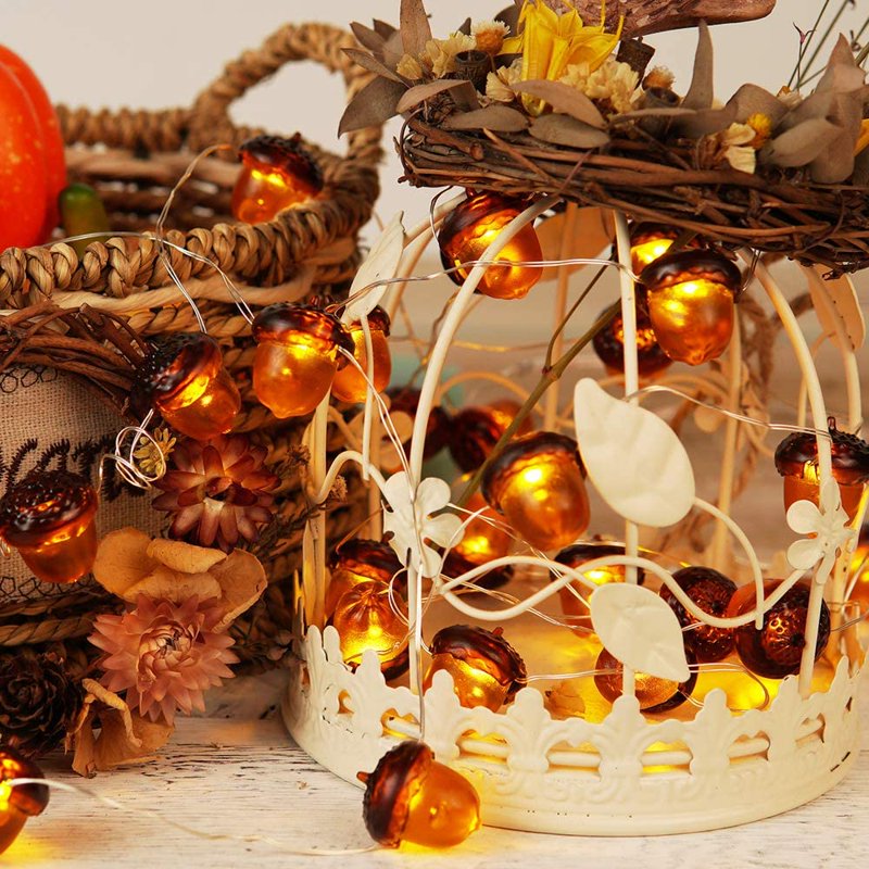 Morttic 3D Acorn Fall Decor String Lights Battery Powered with Remote & Timer - 10ft, 30 LEDs, Indoor/Outdoor Thanksgiving Halloween Halloween Autumn Tree Ornaments