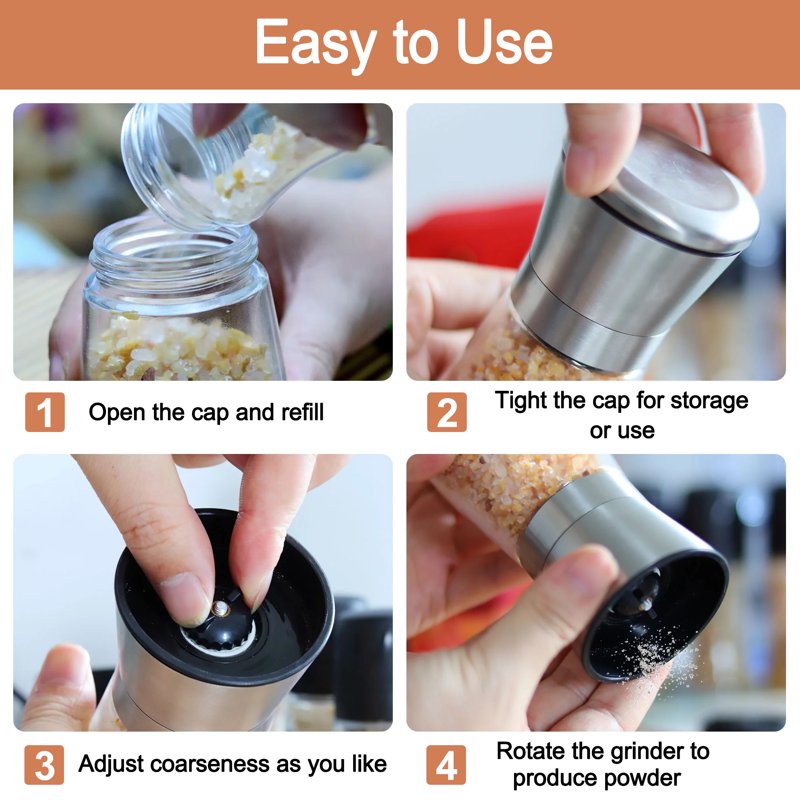 Salt and Pepper Grinder Set - Adjustable Coarseness, Stainless Steel & Glass