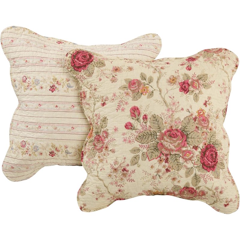 Full/Queen Antique Rose Reversible Cotton Quilt Set with Decorative Pillows - Ecru