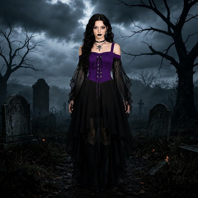 Purple X-Large Gothic Witch Dress with Butterfly Sleeves Halloween Costume