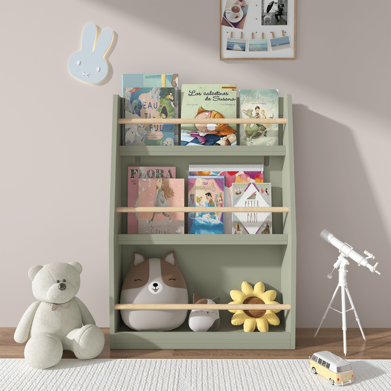 Kids 3-Tier Bookcase with Wood Rails - Children's Bookshelf