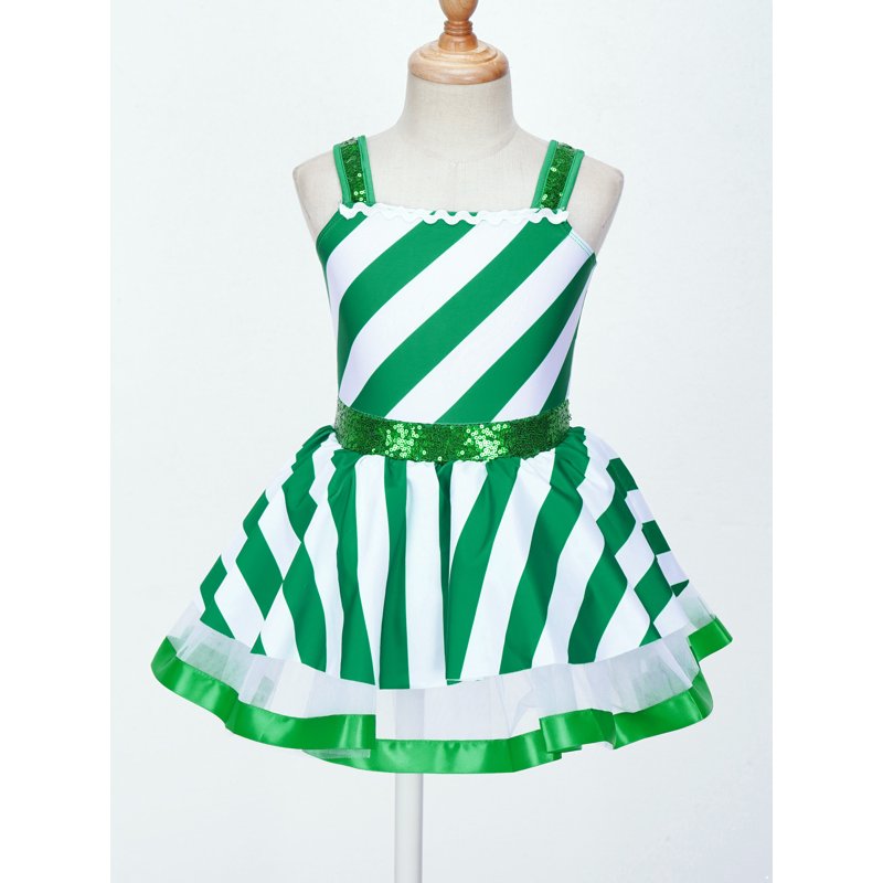 Kids Girls Christmas Sequins Santa Dance Costume Tutu Dress - Green 4